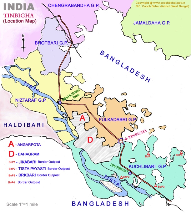 孟加拉最大飛地Dahagram–Angarpota與「丁•比卡走廊」（Tin Bigha Corridor）http://www.hcidhaka.gov.in/pages.php?id=1335